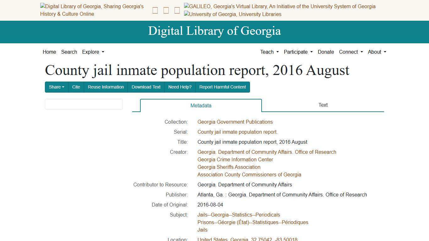 County jail inmate population report, 2016 August - Digital Library of Georgia